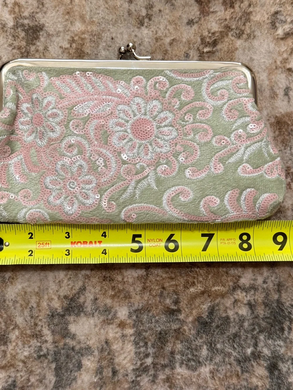 Green Pink Velour Floral Sequin Embroidered Clutch Evening Bag Kiss Lock-Elegant